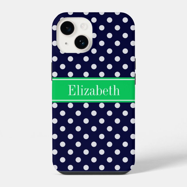 Coque iPhone Bleu Marine Points Blancs Vert Emeraude Monogramme (Verso)
