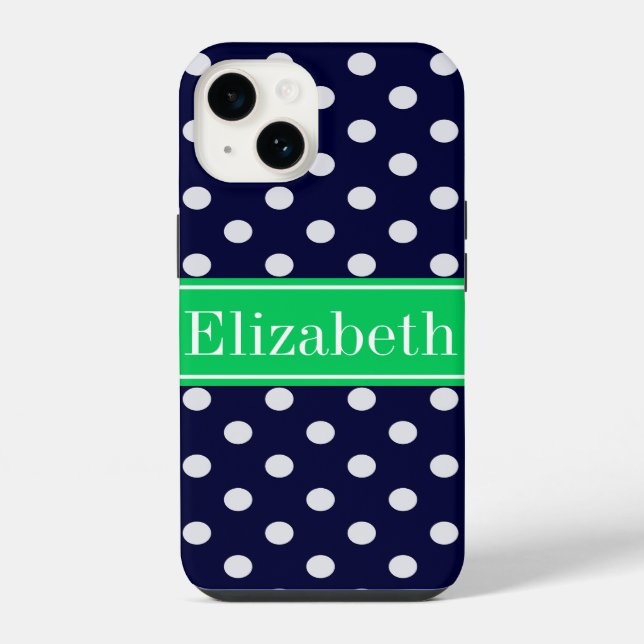 Coque iPhone Bleu Marine Points Blancs Vert Emeraude Monogramme (Verso)