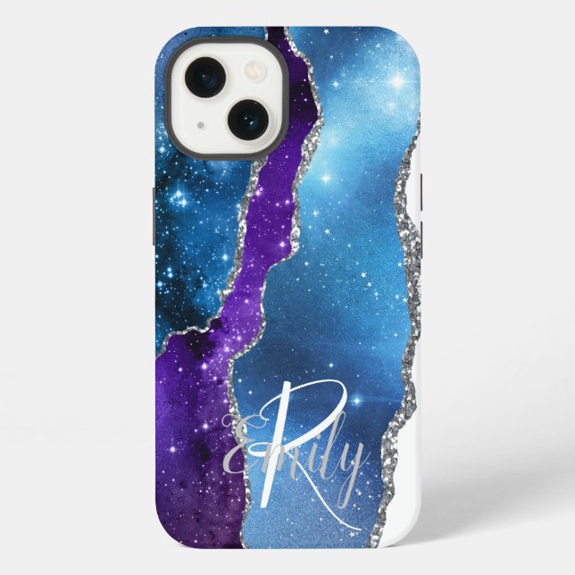Coque iPhone Bleu mauve marbre Nom Abstrait Monogramme (Verso)