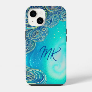 Coque Pour iPhone 14 Bleu monogramme et art Abstrait Turquoise