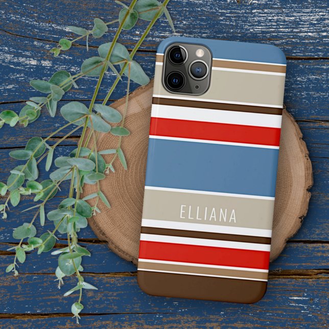 Coque iPhone Bleu Nautique Beige Brun Rouge Foncé Blanc Rayures (Créateur téléchargé)