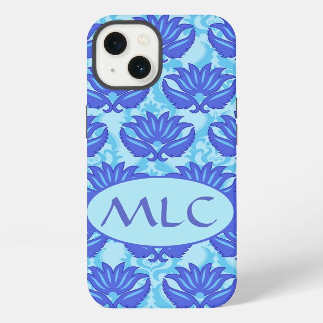 Coque iPhone Bleu Navy Turquoise Moderne Damassé Monogramme Per (Verso)