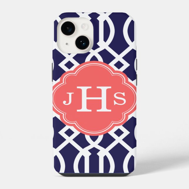 Coque iPhone Bleu Nuit et Corail Treillis Moderne Monogramme (Verso)