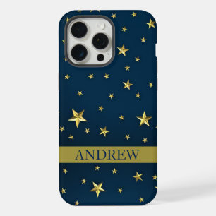 Coque iPhone 15 Pro Max Bleu Nuit Étoiles Dorées Nom Personnalisé