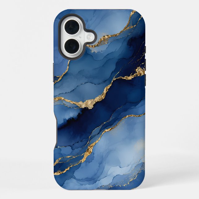 Coque iPhone Bleu Nuit Profond et Or Texture d'Agate à l'Encre  (Verso)