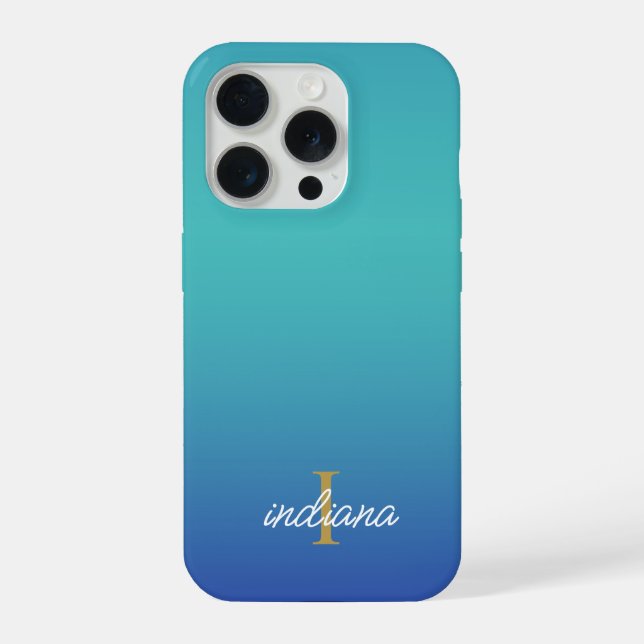 Coque iPhone Bleu Ombre Monogramme Script Moderne (Verso)