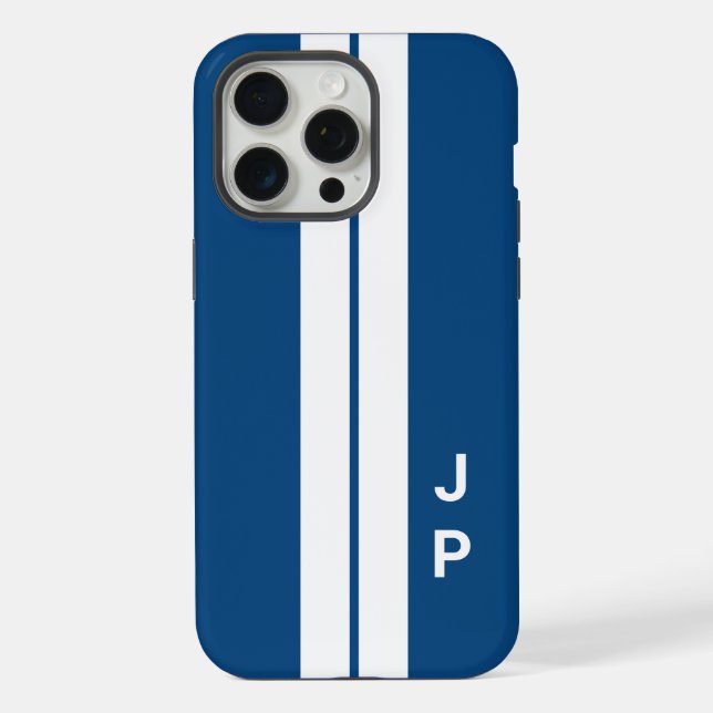 Coque iPhone Bleu Racing Stripes Minimal Initiales Monogramme (Verso)