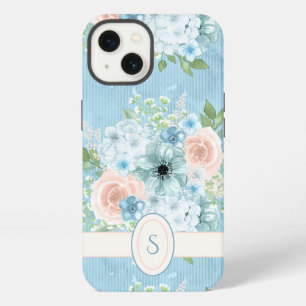 Etui iPhone 13 Bleu rustique rose vert floral shabby chic