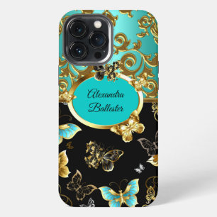 Etui iPhone 13 Pro Max Bleu sarcelle élégant damas floral papillon or
