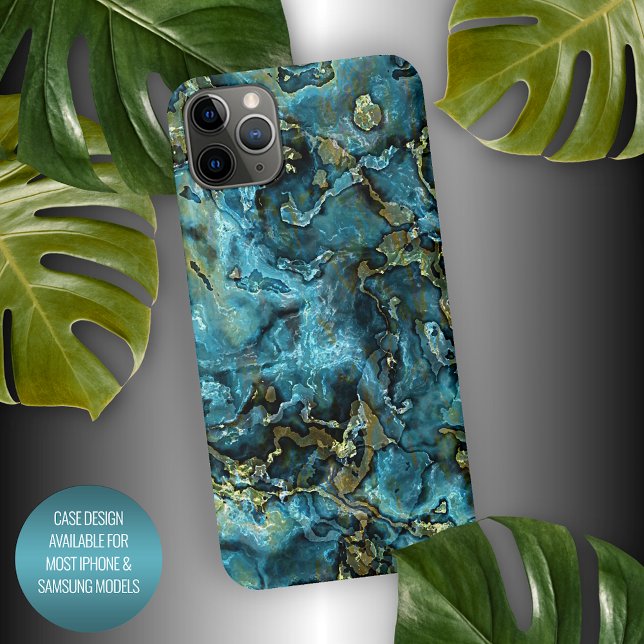 Coque iPhone Bleu Turquoise foncé Turquoise Faux Gold Agate Mot (Créateur téléchargé)