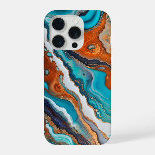 Coque iPhone 15 Pro bleu turquoise, rouille et or peinture abstrait