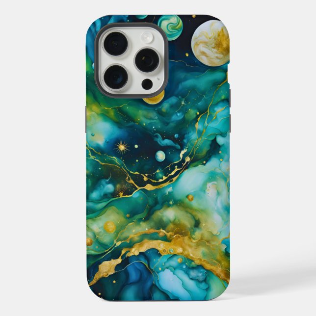Coque iPhone Bleu Vert Or Encre Alcoolique Cosmos (Verso)