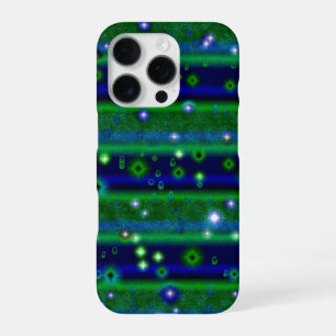 Coque iPhone 16 Pro Bleu vert rayures avec étoiles et Raindrops