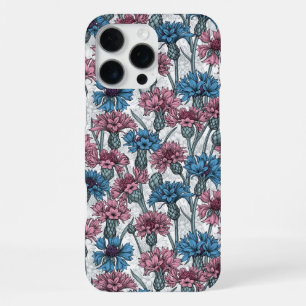 Coque iPhone 16 Pro Max Bleuet roses et bleus, fleurs sauvages sur blanc