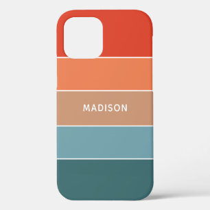 Coque iPhone 12 Bloc de couleurs personnalisé avec nom en bleu sar