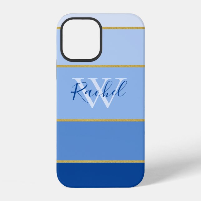 Coque iPhone Blocs de couleur ombrée bleu Monogrammé (Verso)