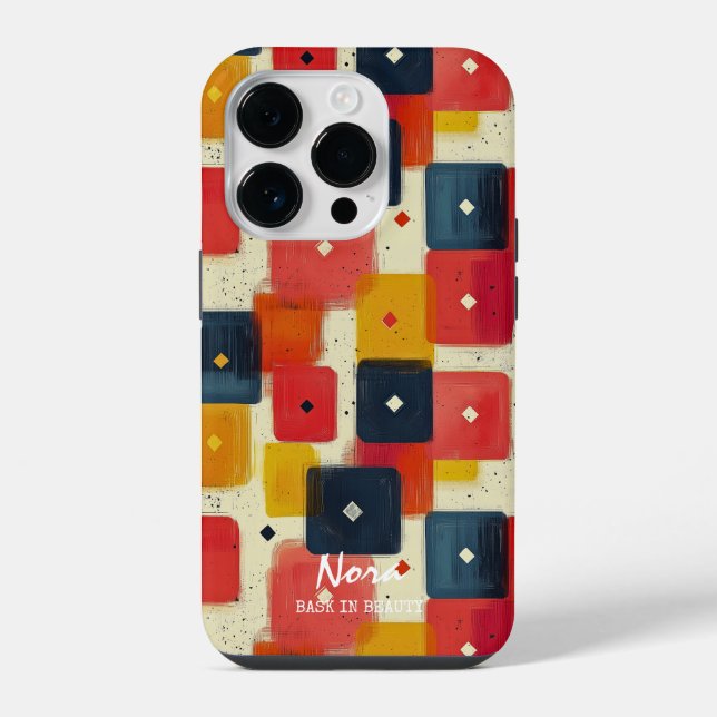 Coque iPhone Blocs Géométriques Rétro avec Nom et Message Perso (Verso)