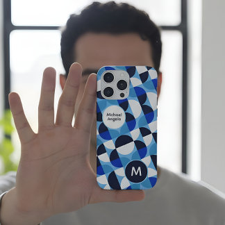 Coque iPhone 15 Pro Max Blue Geometric Mosaic Bauhaus Monogram Custom Name