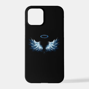 Coque iPhone 12 Pro Blue Glowing Angel Wings on black background