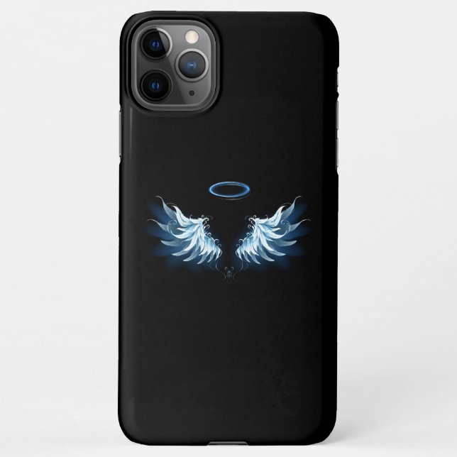 Coque iPhone Blue Glowing Angel Wings on black background (Dos)
