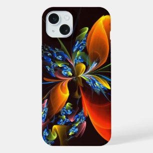 Coque iPhone 15 Plus Blue Orange Floral Moderne Art Abstrait Motif #03