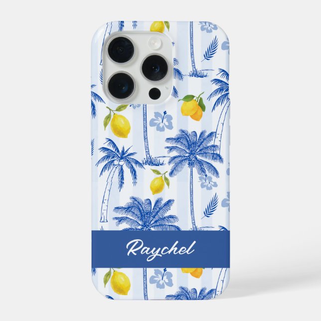 Coque iPhone Blue Toile Palm Trees Lemons Monogram Name (Verso)