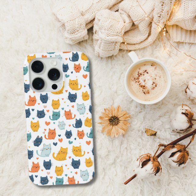 Coque iPhone Blue Yellow Orange Kawaii Cat Pattern Cat Lover (Blue orange and yellow cute kawaii whimsical cat pattern on this iPhone. Available on all current )