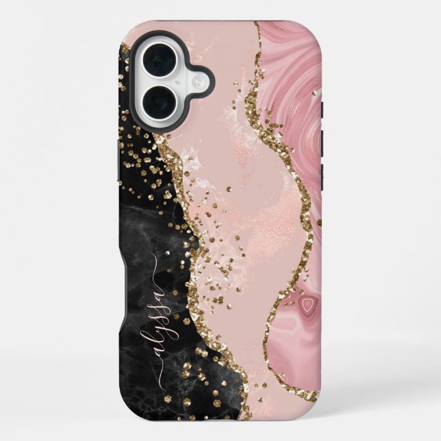 Coque iPhone Blush Black Gold Paillet Agate Nom Script (Verso)