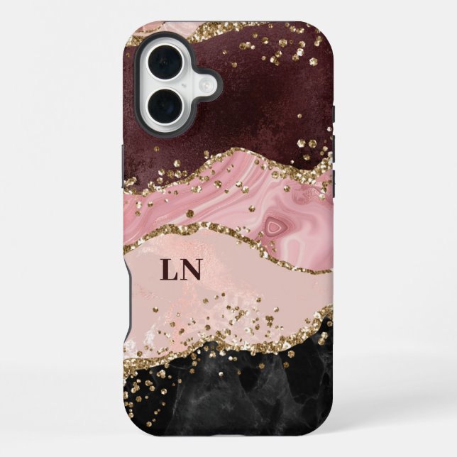 Coque iPhone Blush Noir Monogramme Agate Pailleté Or (Verso)