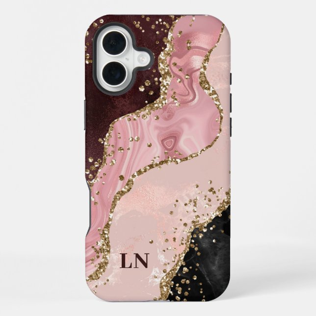 Coque iPhone Blush Noir Or Paillettes Agate Monogramme (Verso)