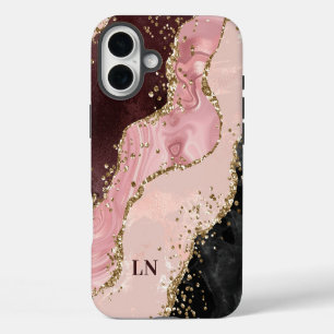 Coque iPhone 16 Plus Blush Noir Or Paillettes Agate Monogramme