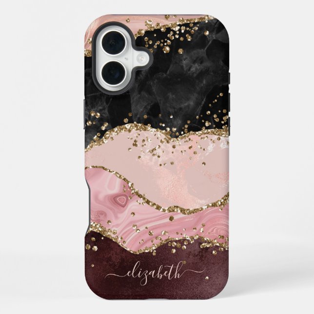 Coque iPhone Blush Noir Or Paillettes Agate Nom Script (Verso)