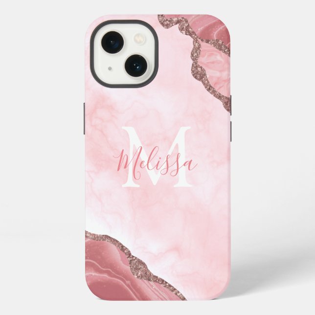 Coque iPhone Blush rose géode pailletée calligraphie monogramme (Verso)