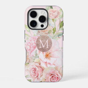 Coque iPhone 16 Pro Blush Rose Gold Monogram Floral Aquarelle