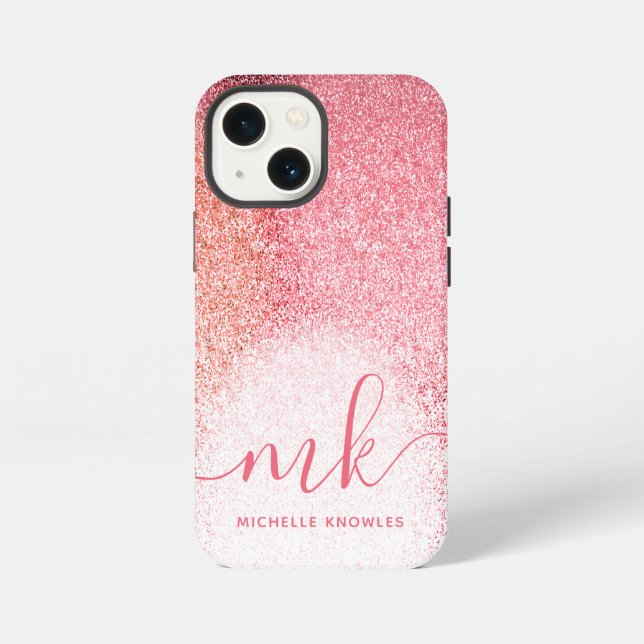 Coque iPhone Blush Rose Gold Pailleté Monogramme Script (Verso)