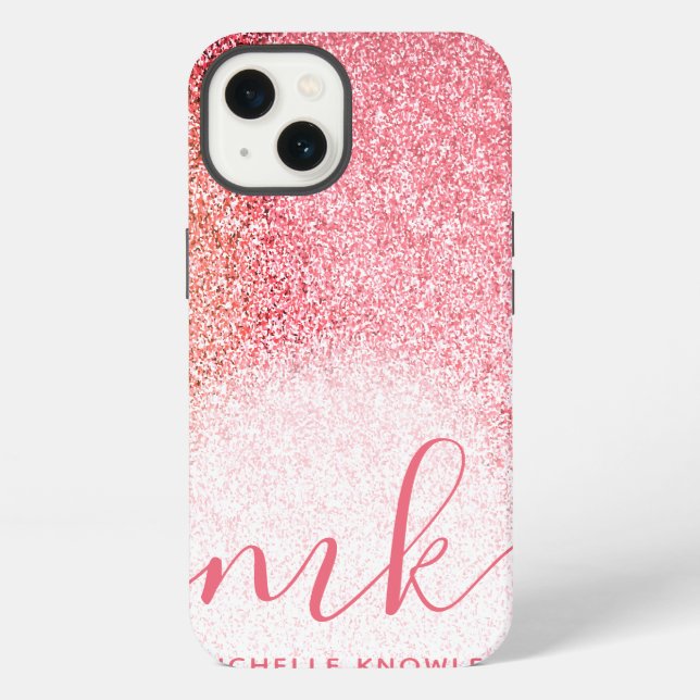 Coque iPhone Blush Rose Gold Pailleté Monogramme Script (Verso)