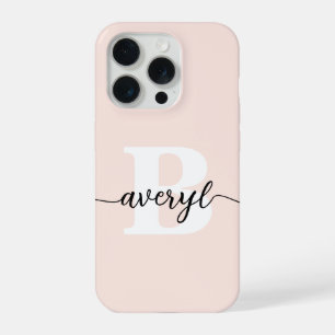 Coque iPhone 15 Pro Blush Rose Monogramme Féminin Nom Monogrammé