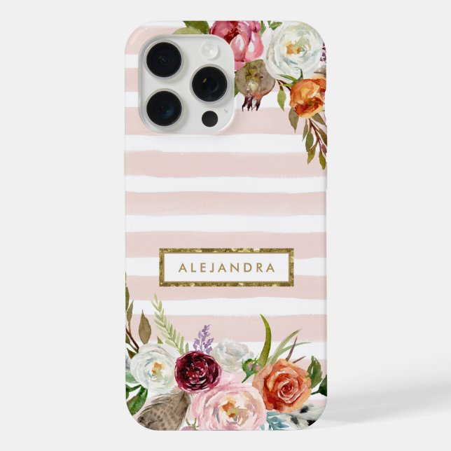 Coque iPhone Boho Blooms Blush Rayure Monogramme (Verso)