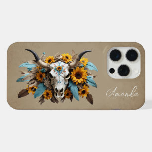 Coque iPhone 15 Pro Max Boho Chic Aquarelle Tournesol Plumes Vache crâne