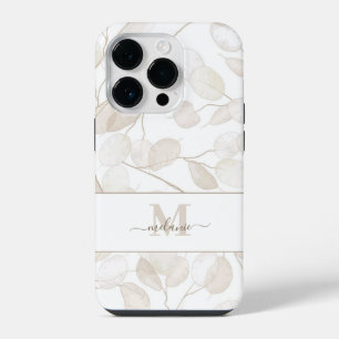 Coque Pour iPhone 14 Plus Boho Neutral Plante argent personnalisé Nom initia