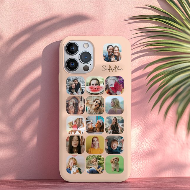 Coque iPhone Boho Pastel Paix 16 Collage Photo & Monogramme (Créateur téléchargé)