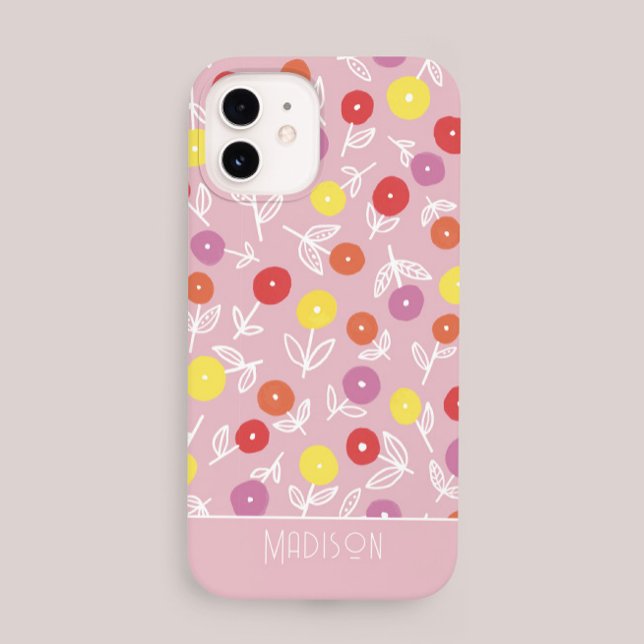 Coque iPhone Boho personnalisé rose moderne Floral nom modèle (Créateur téléchargé)