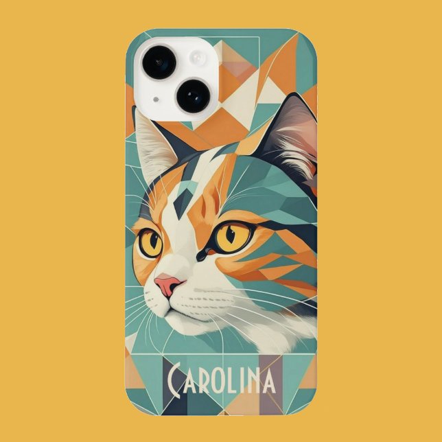 Coque iPhone Boho retro abstrait portrait de chat orange vert (Beautiful boho style cat.)
