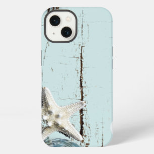 Etui iPhone 13 Bois de grange côtier bleu aqua étoiles de mer coq