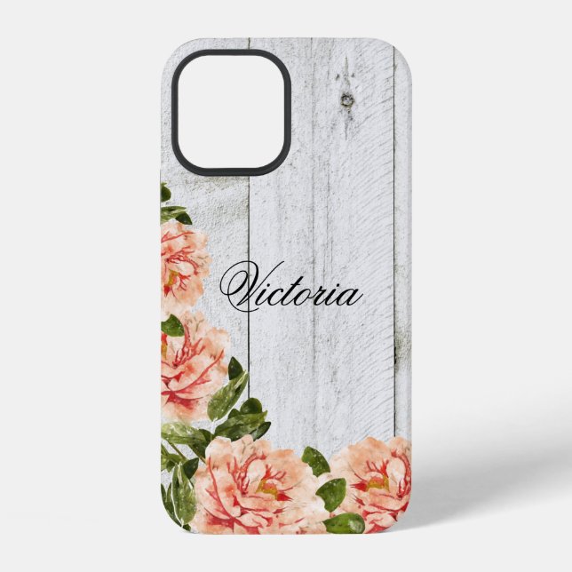 Coque iPhone Bois rustique rose floral personnalisé script (Verso)