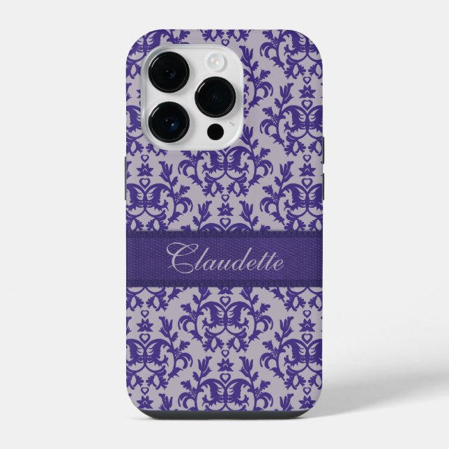 Coque iPhone Boîtier iPhone damassé botanique violet gris (Verso)