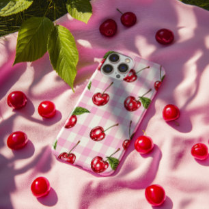 Coque Pour iPhone 14 Plus Boîtier téléphonique rouge En vichy rose cerise