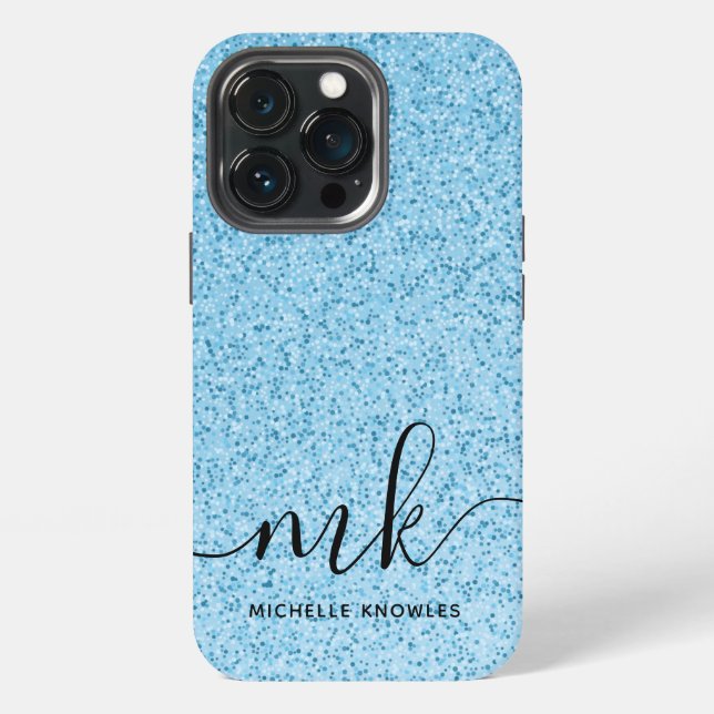 Coque iPhone Bokeh de paillettes bleu clair Monogramme et nom p (Dos)