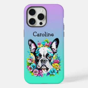 Coque iPhone 15 Pro Max Boston Terrier entouré de fleurs Personnalisé