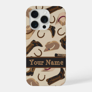 Coque iPhone 15 Pro Bottes Casquettes Western Cowboy Nom Beige Personn